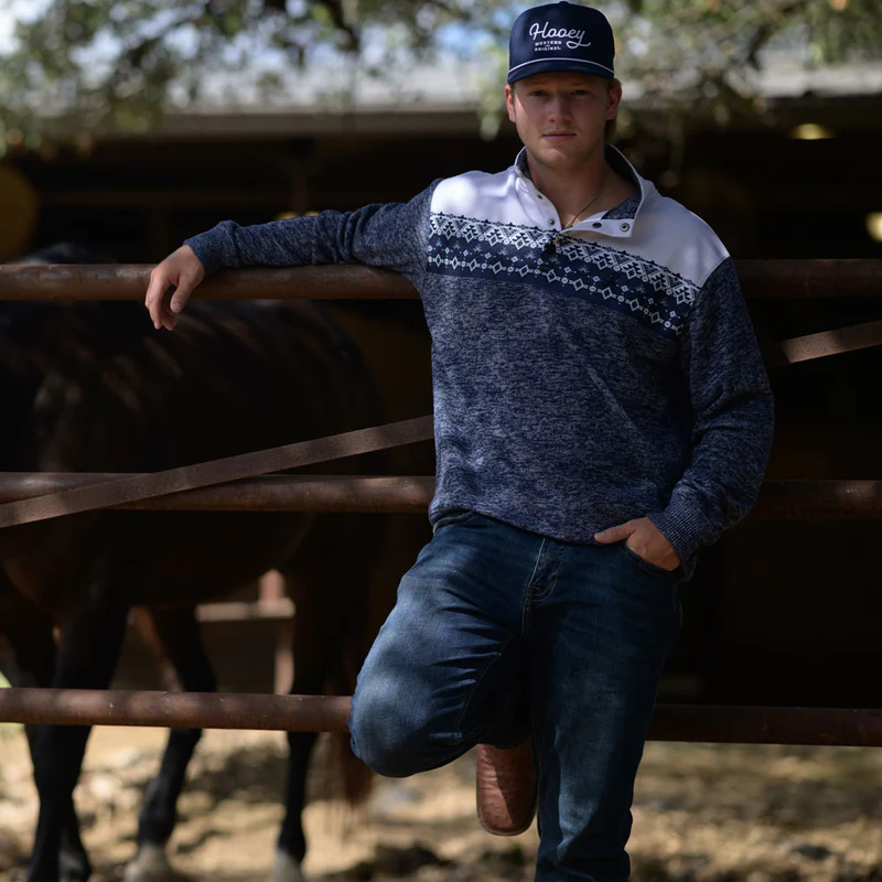 Mens Hooey Stevie Pullover Blue with Aztec - Image 3