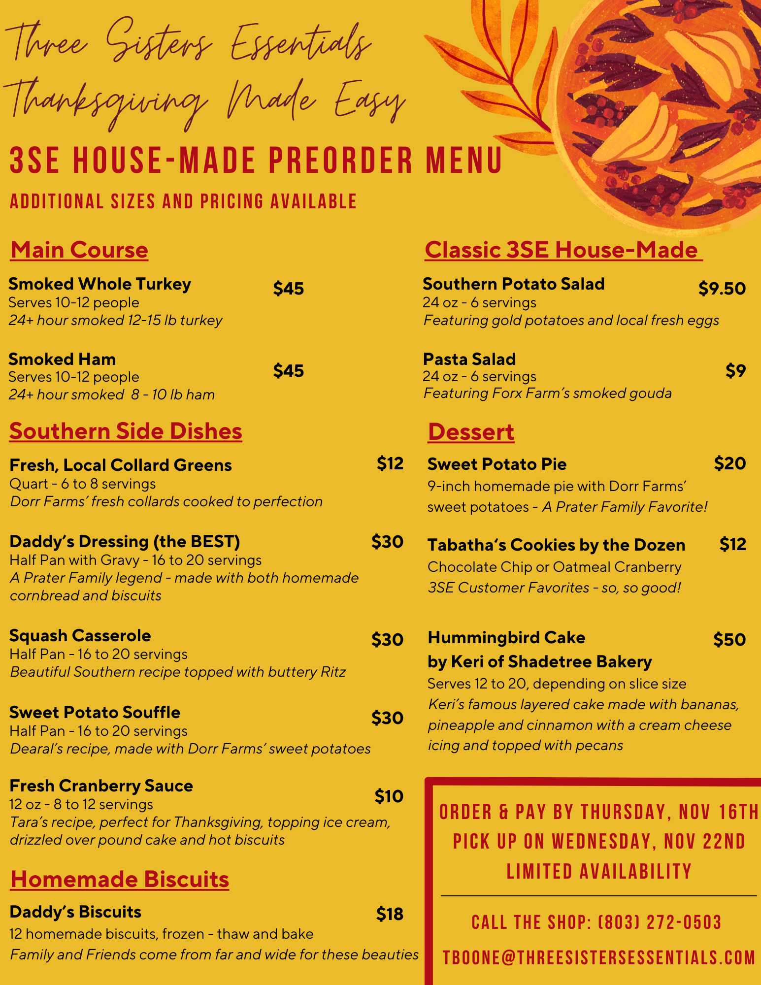 Three Sisters Essentials Thanksgiving Pre-Order menu