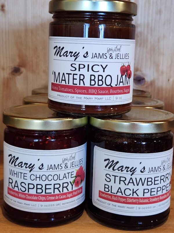 Mary's Spirited Jams & Jellies in Spicy Mater BBQ, White Chocolate Rasberry, and Strawberry Black Pepper